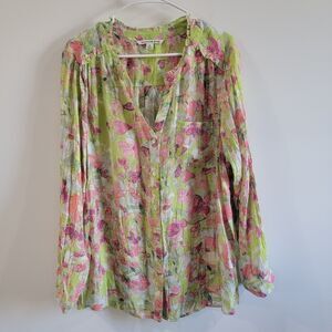 Zac And Rachel Womens Button Up Top Size 2X Floral Gauze Forest Fairy